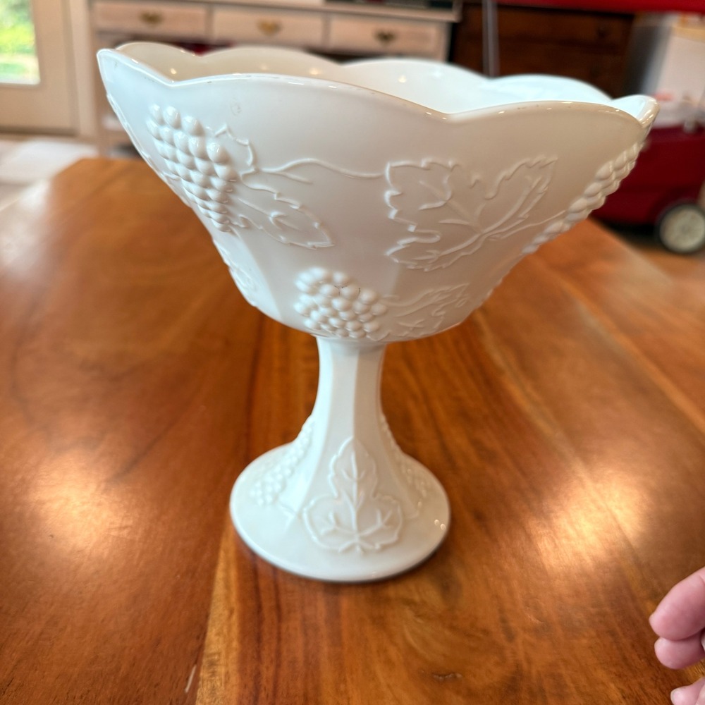 Vintage Indiana Glass Colony Harvest Milk Glass Pedestal Grapevine Compote Bowl